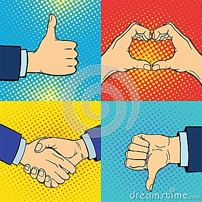 Hands showing deaf-mute different gestures human arm hold communication and direction design fist touch pop art style Vector Illustration