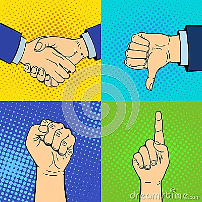 Hands showing deaf-mute different gestures human arm hold communication and direction design fist touch pop art style Vector Illustration