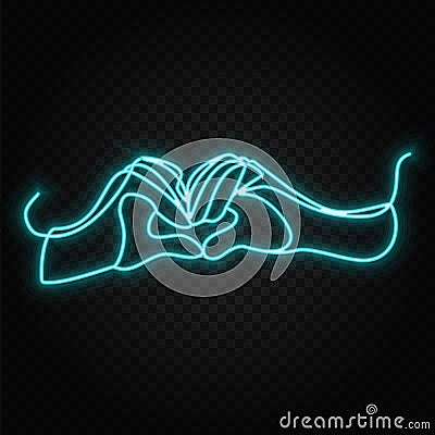 Hands shows heart one line neon vector icon. One line art, illustration Cartoon Illustration