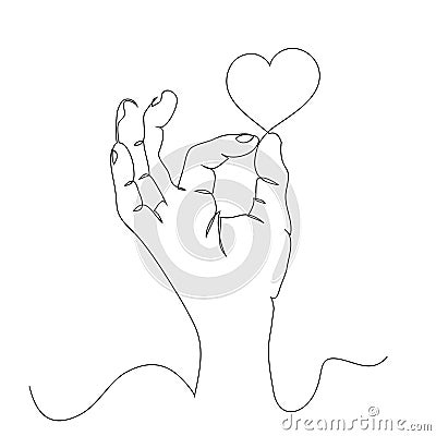 Hands with sign ok holding like 'heart', in pursuit of public popularity in social networks, continuous line drawing Vector Illustration