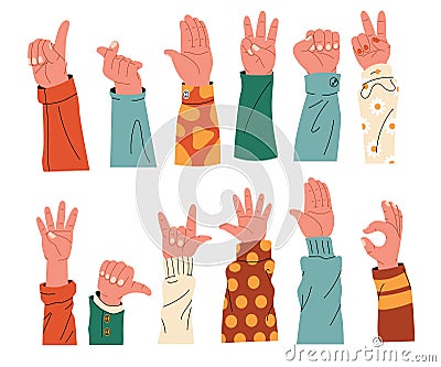 Hands with sleeves collection. Human arms in colorful clothes cartoon flat style, demonstrative gestures teamwork Vector Illustration