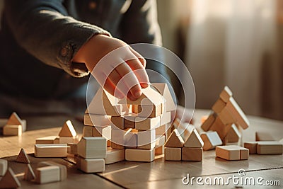 the hands of a small child who is learning to fold a tower of beige wooden cubes Stock Photo