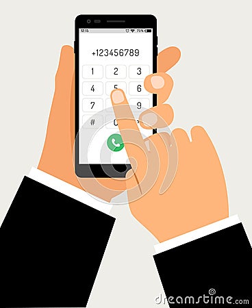 Hands with smartphone dialing. Mobile touch screen phone with numbers pad and business hand, businessman cellphone dial Vector Illustration