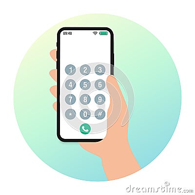 Hands with smartphone dialing. Mobile touch screen phone with numbers pad, cellphone dial connection cartoon vector Vector Illustration
