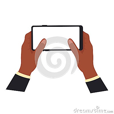 Hands with smartphone. Male arms with mobile phone isolated on white background. Vector Illustration