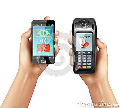 Hands With Smartphone And Payment Terminal Vector Illustration