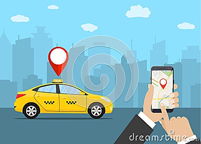 Hands with smartphone and taxi application Vector Illustration