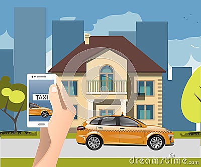 Hands with smartphone and taxi application. Vector Illustration