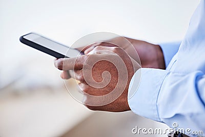 Hands, smartphone and typing for social media, communication or search internet. Closeup, phone or connection for online Stock Photo