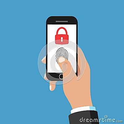 Hands with smartphone unlocked with fingerprint button and password. Vector. Vector Illustration