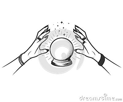 Hands of soothsayer over fortune-teller glass ball, witch prediction magic sphere Vector Illustration