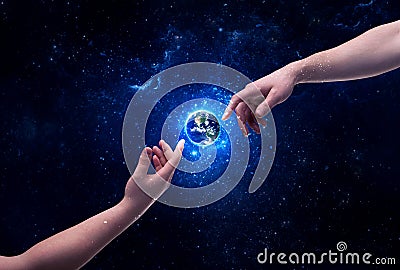 Hands in space touching planet earth Cartoon Illustration