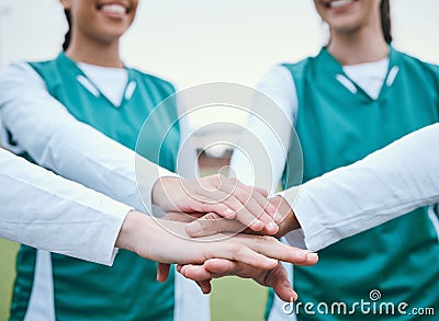 Hands, sports group or team in huddle with support, smile or plan for a hockey training game. Women, stack or happy Stock Photo