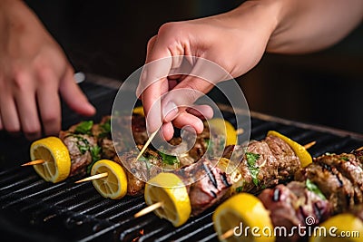 hands squeezing lemon over grilled lamb kebabs Stock Photo