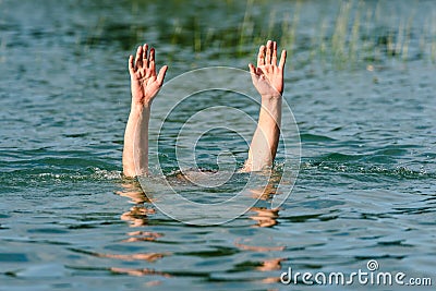 Hands stick out of the water to represent a drowning person. Stock Photo