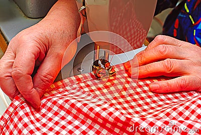 Hands stitching denim cloth Stock Photo