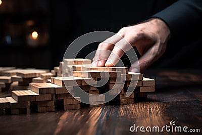 Hands stop dominoes, showcasing business risk control and insurance planning Stock Photo