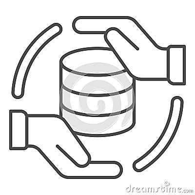 Hands with storage array thin line icon, data hoarding concept. Vector graphics. Hard disks space sign on white Vector Illustration