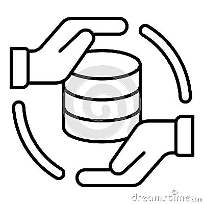 Hands with storage array thin line icon, data hoarding concept. Vector graphics. Hard disks space sign on white Vector Illustration