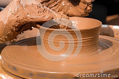 Hands of a street potter make a clay pot on a potter`s wheel. Stock Photo