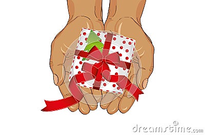 Hands stretch a gift box with a bow and a Christmas tree. View f Stock Photo