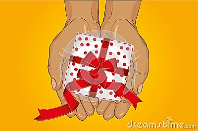 Hands stretch a gift box with a bow. View from above. Greeting c Stock Photo