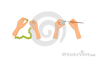 Hands Stringing Beads on Thread and Decorating Easter Egg as Handmade Craft Vector Set Vector Illustration