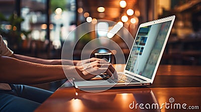 Hands of students working on laptops and studying in library to search for information on the Internet. generative AI Stock Photo