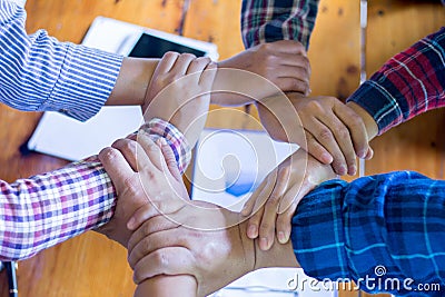 Hands of success startup business teamwork. Creative idea teamwork concept. Group of multiethnic diverse team Stock Photo