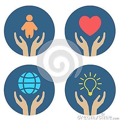 Hands supporting child heart globe and lightbulb Vector Illustration
