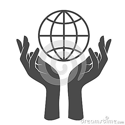 Hands supporting globe, planet care and unity symbol, earth day emblem Vector Illustration