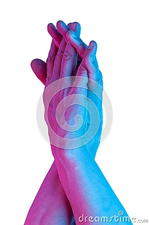 Hands in a surreal style in violet blue neon colors. Modern psychedelic creative element with human palm for posters Stock Photo