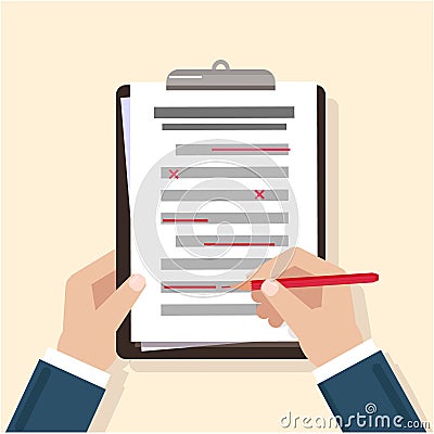 Hands on table. Filling the checklist. Additions and improvements of the article Vector Illustration