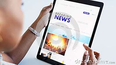 Hands, tablet and news with a woman reading on a website and doing research on current events. Headline, article and Stock Photo