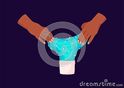 Hands taking blue slime form plastic box, flat vector illustration isolated on dark background. Vector Illustration