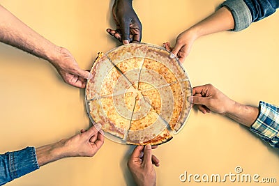 Hands taking pizza slices Stock Photo