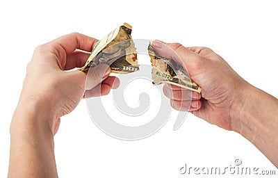 Hands tear money Stock Photo