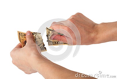 Hands tear money Stock Photo