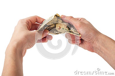 Hands tear money Stock Photo