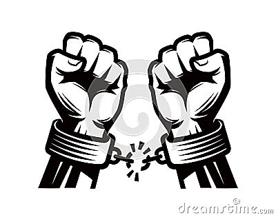 Hands tearing shackles. Two hands clenched into fist breaking chains. Symbol freedom. Human hands and broken chain Vector Illustration