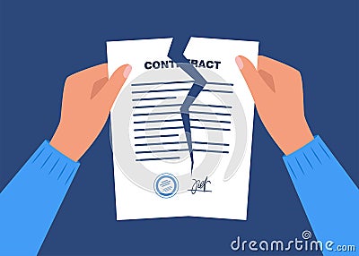 Hands tearing up the contract. Hands holding broken or torn contract. Crumpled sheets of paper. Deal termination concept. Cartoon Illustration