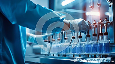 hands of technician adjusting the vial and bottle production machine in a pharma plant. Generative Ai Stock Photo