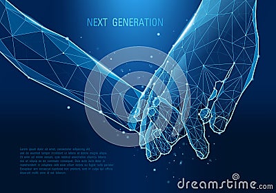Hands in technological low poly style. Family values and parenting concept. Polygonal father's and child's hands Vector Illustration