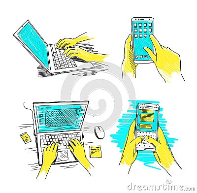 Hands on laptop and phone set. Keyboard and smartphone typing via social networks. Work on laptop and mobile. Sketch Vector Illustration