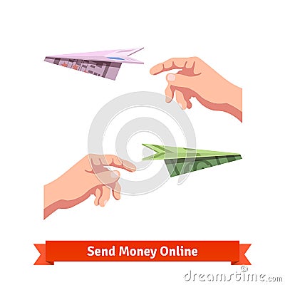 Hands throwing a dollar and euro paper planes Vector Illustration