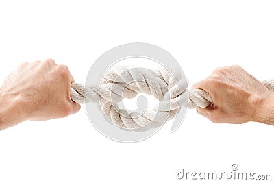 Hands tied knot on a rope Stock Photo