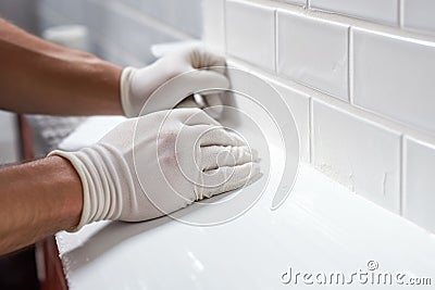 hands of the tiler are laying white ceramic tile on the wall. ai generated Stock Photo
