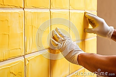 hands of the tiler are laying yellow ceramic tile on the wall. ai generated Stock Photo