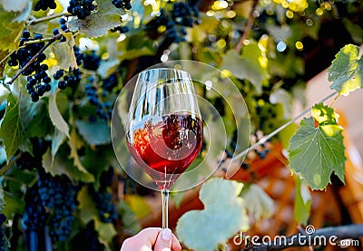 Hands toasting red wine glass at winetasting experience. Stock Photo