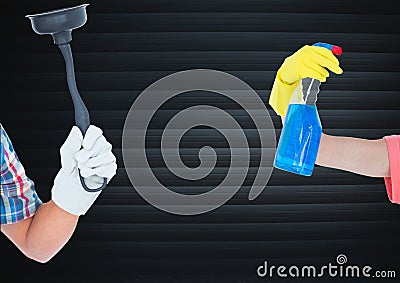 Hands with tools for the bathroom in front of blind Stock Photo